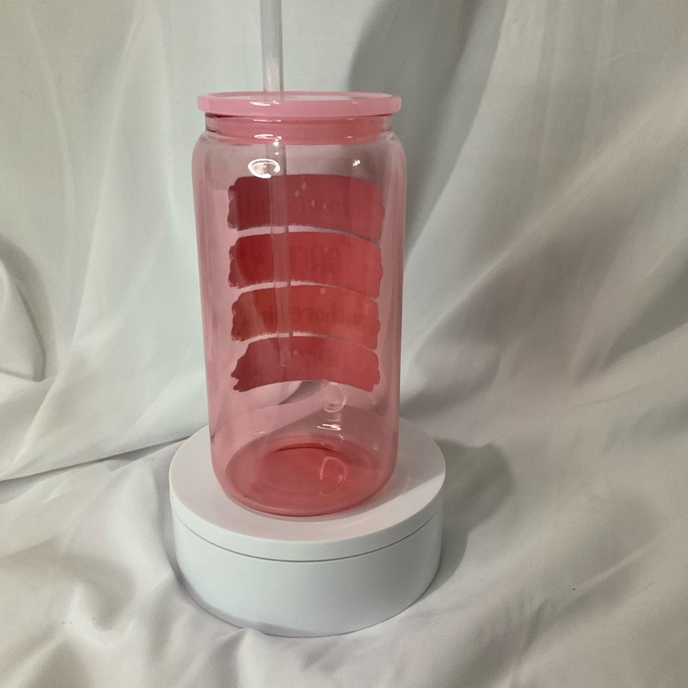 16 Ounce Handmade Light Pink Glass Can Cup w/Lid & Straw - Picture 4 of 5